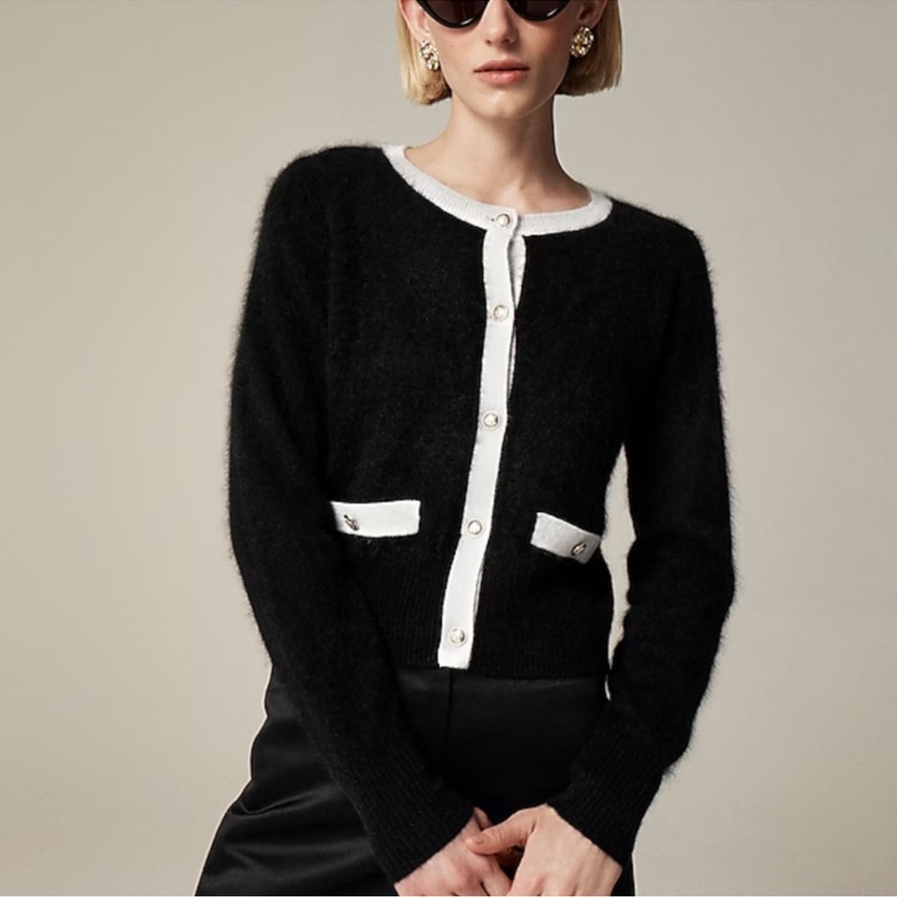 J crew Brushed cashmere fitted cardigan with contrast trim